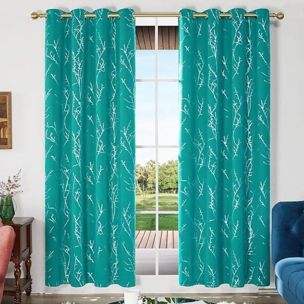 Deconovo Blackout Curtains - Turquoise Silver‎ Blossoming Branch Print 52"x95"